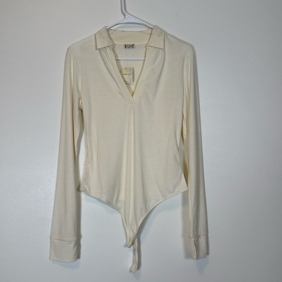 Free People Collared VNeck Bodysuit Wm Large NWT Ivory Preppy Office Career - Picture 2 of 13